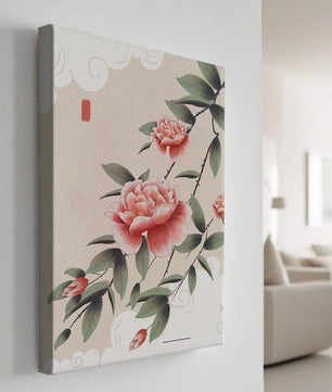 Oriental floral illustration with pink peonies and calligraphy