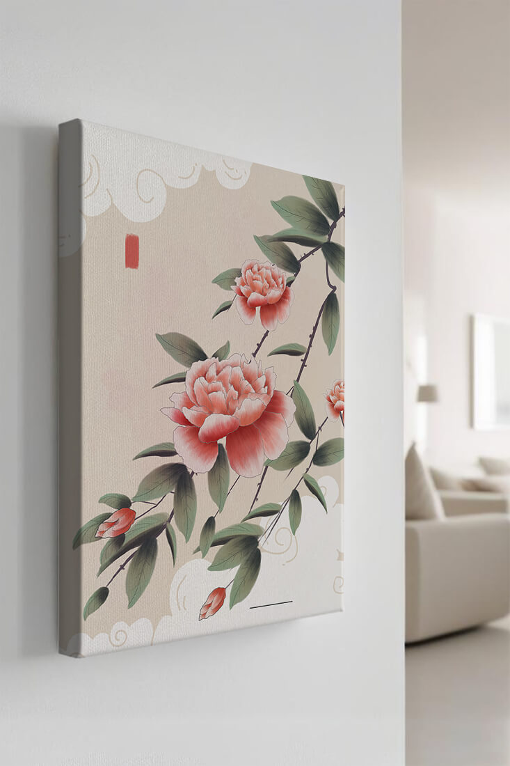 Oriental floral illustration with pink peonies and calligraphy