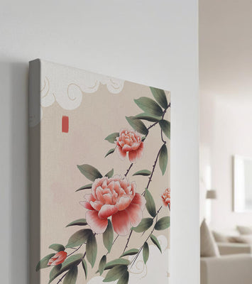 Oriental floral illustration with pink peonies and calligraphy
