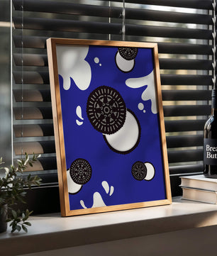 Graphic design featuring cookies and milk splashes on blue background