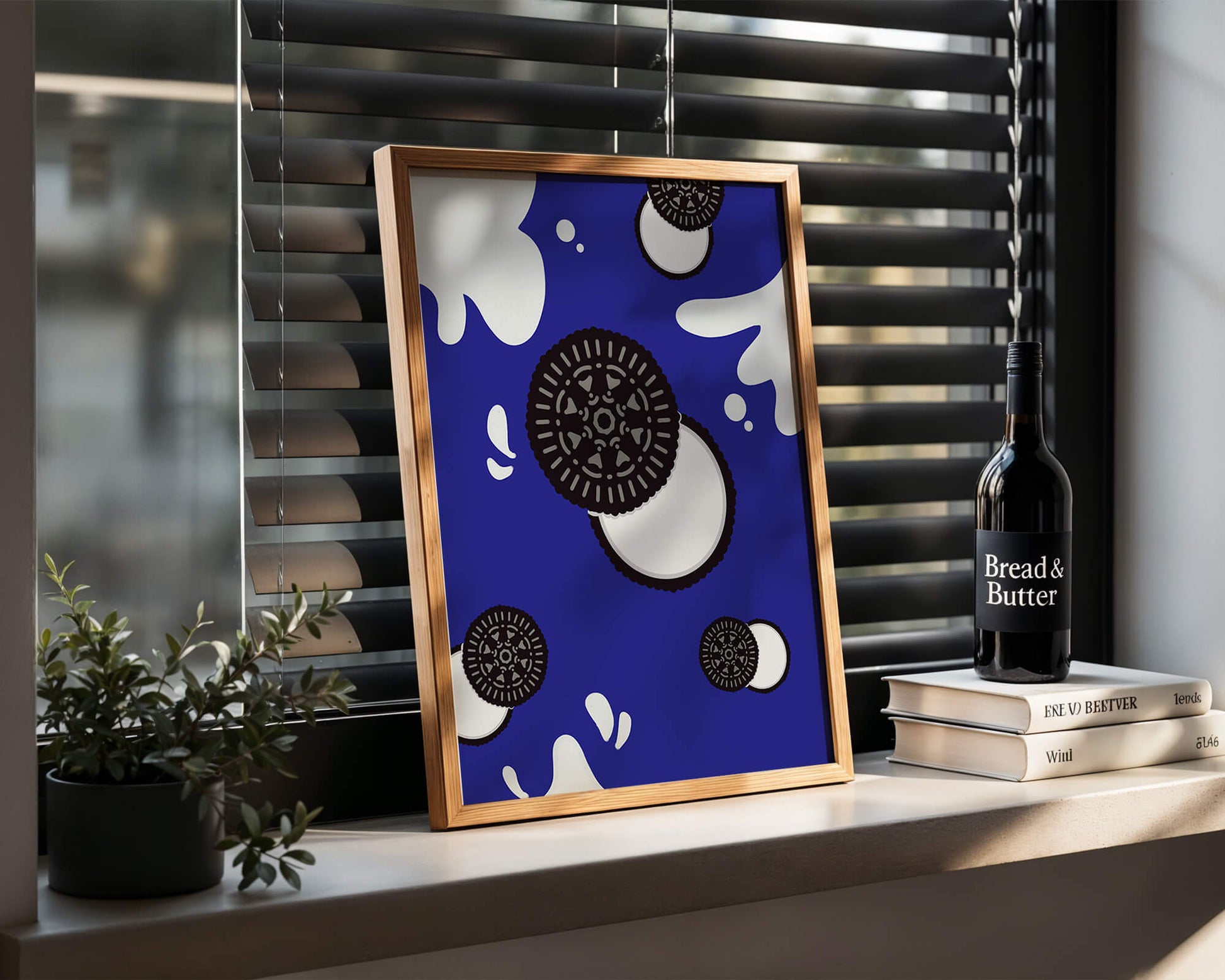 Graphic design featuring cookies and milk splashes on blue background