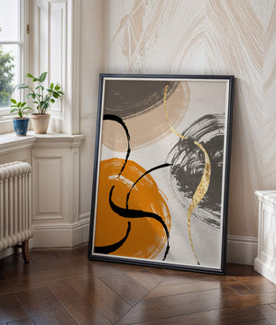 Abstract Art with Orange, Black, and Gold Brushstrokes - Mi tienda