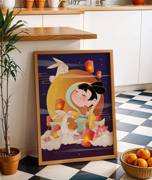 Illustration de déesse de la lune avec des lapins et des lanternes sur fond de mi-automne