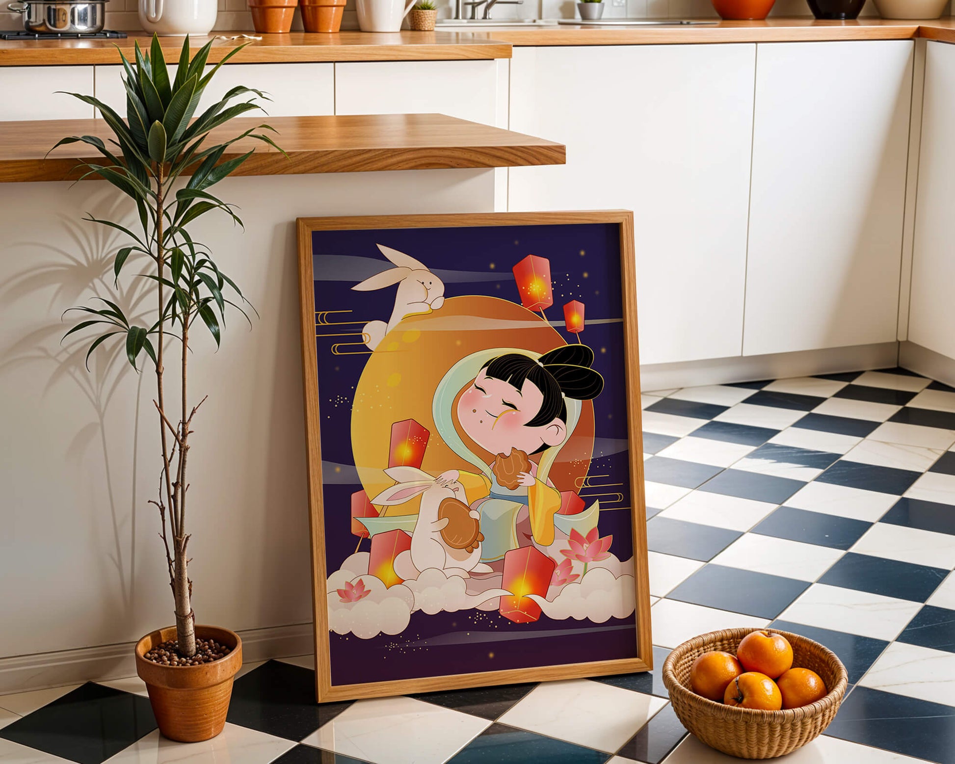 Illustration de déesse de la lune avec des lapins et des lanternes sur fond de mi-automne