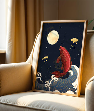 Traditional Japanese koi fish art with moonlit waves and clouds