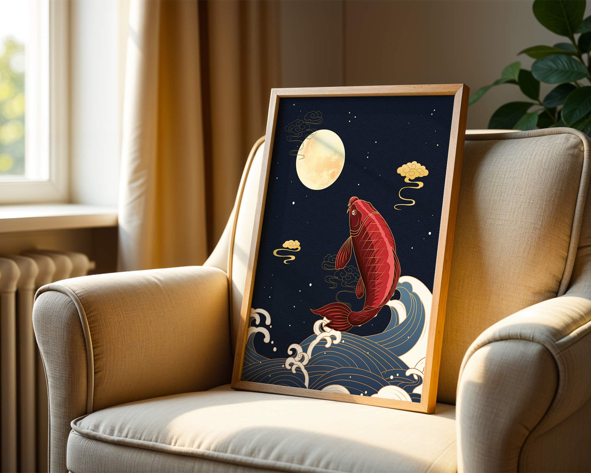 Traditional Japanese koi fish art with moonlit waves and clouds