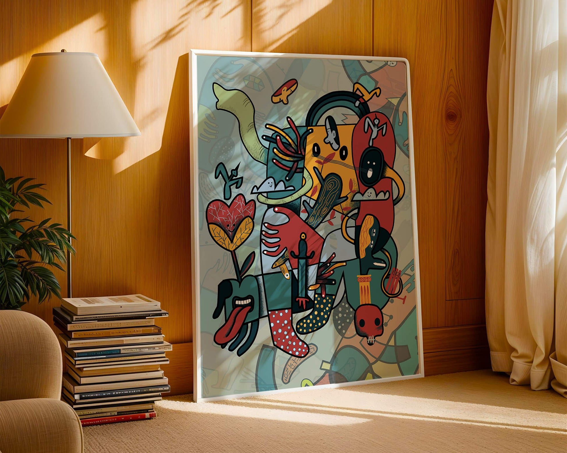 Composición artística surrealista abstracta con colores vibrantes