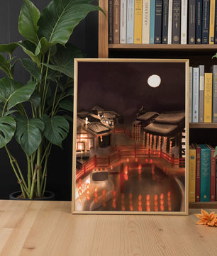 Traditional Japanese village at night with lanterns and full moon