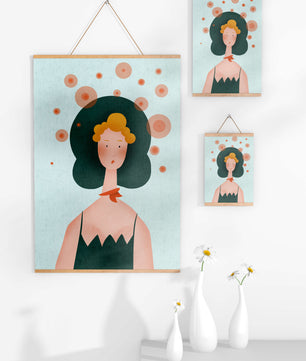 Whimsical Portrait of a Woman with Green Hair and Abstract Circles - Mi tienda