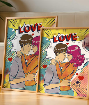 Ilustración de pop art romántico con pareja abrazándose y texto de amor