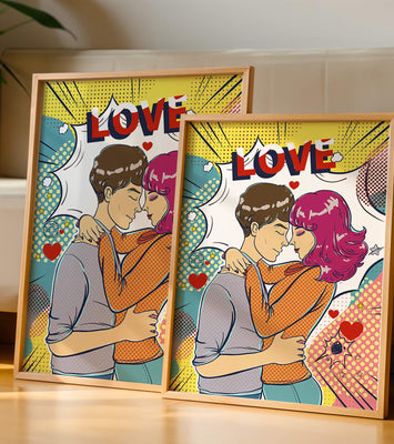 Romantic Pop Art Illustration with Embracing Couple and Love Text