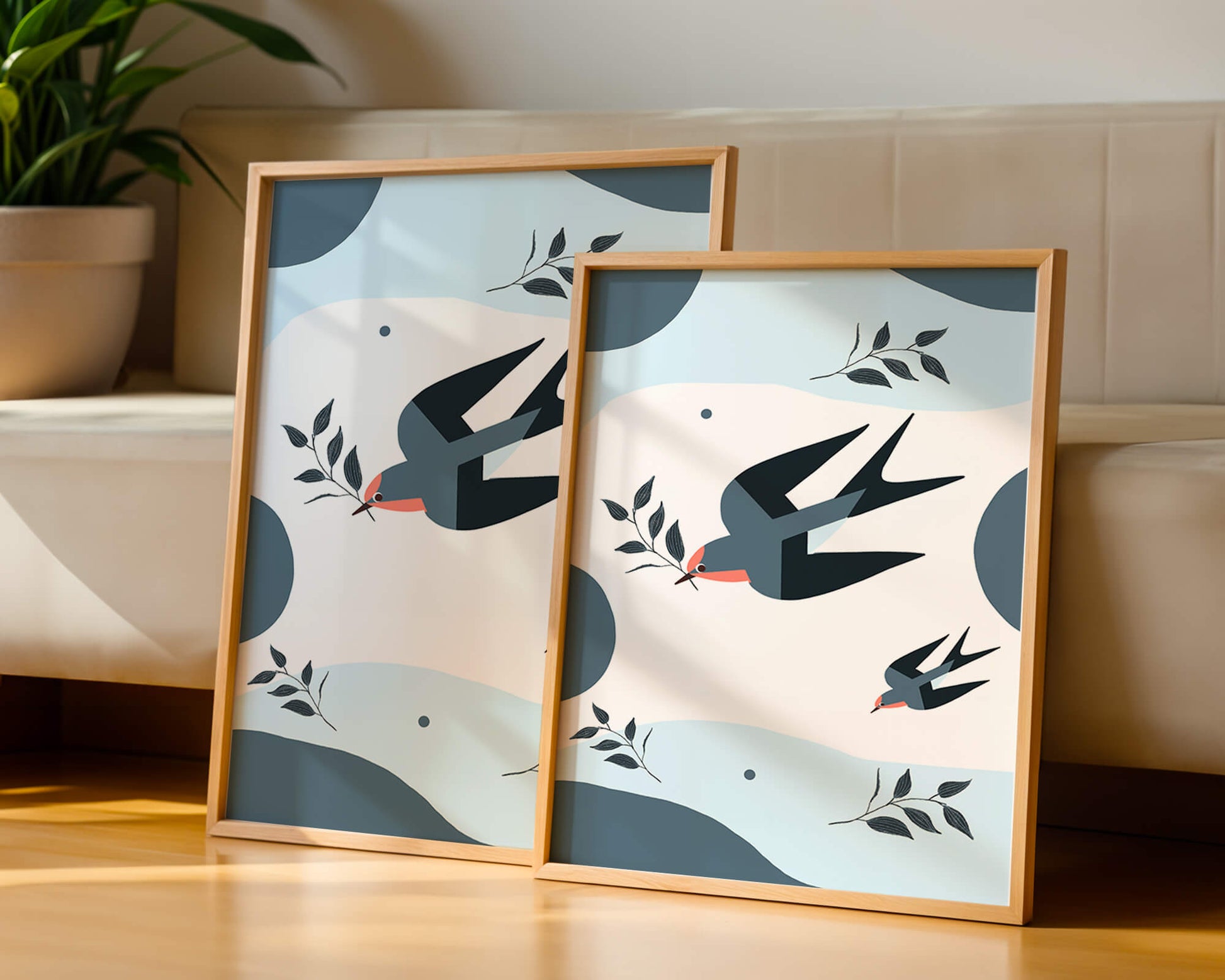 Ilustración abstracta de golondrinas con hojas y formas geométricas