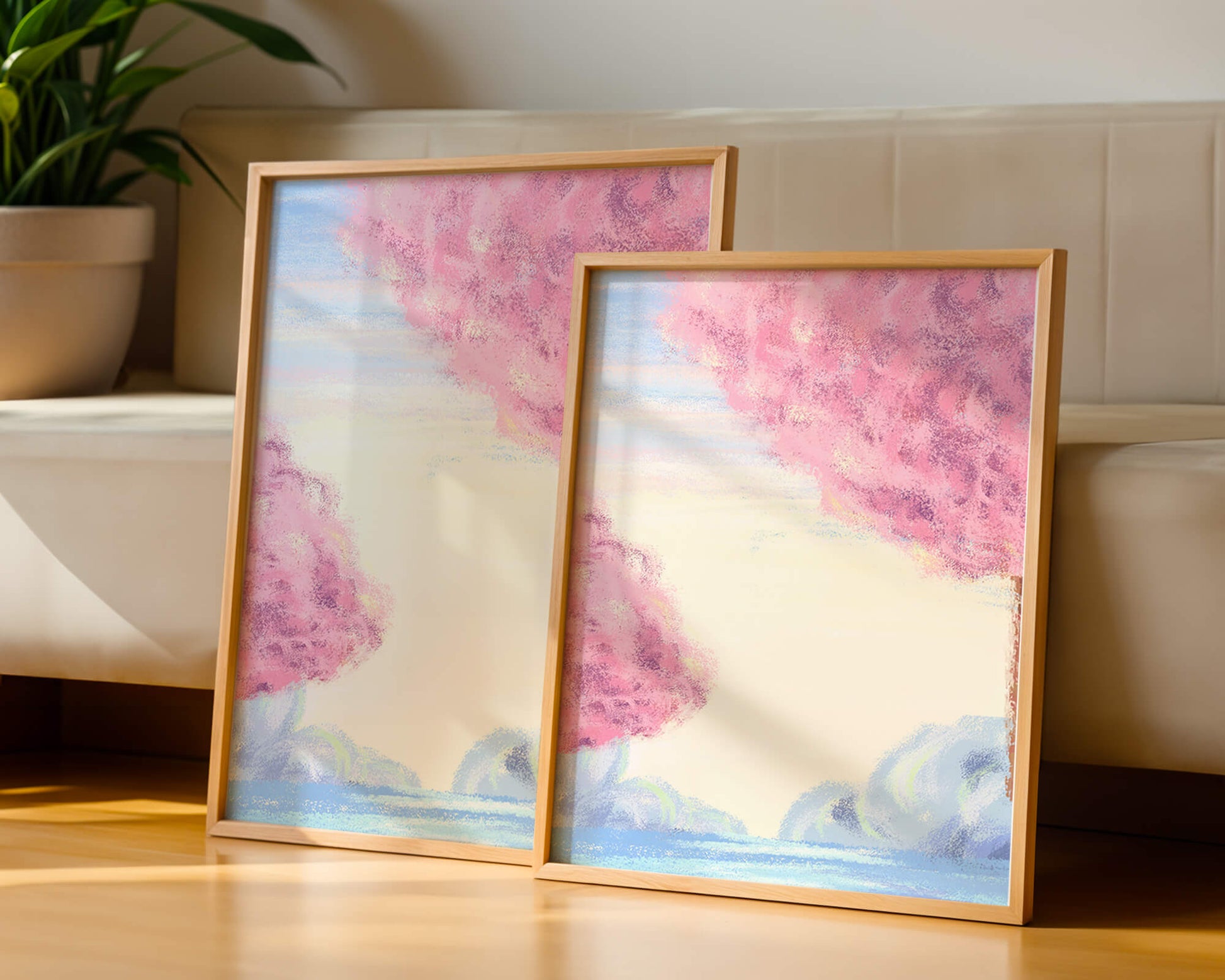 Serene Landscape with Cherry Blossom Trees and Tranquil Sky