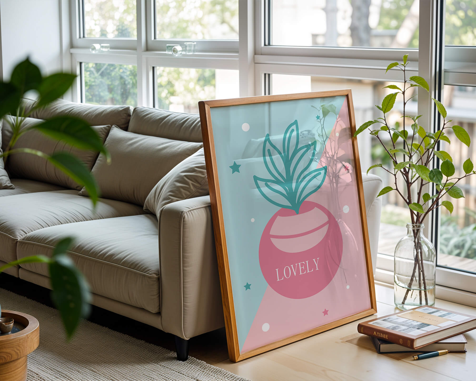 Playful pastel illustration with plant motif and stars