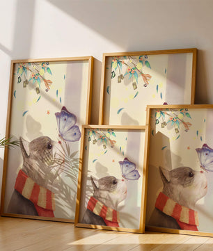 Cat Staring at Butterfly with Floral Elements - Mi tienda
