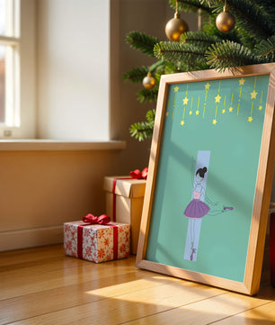 Elegant ballerina illustration with stars on a teal background