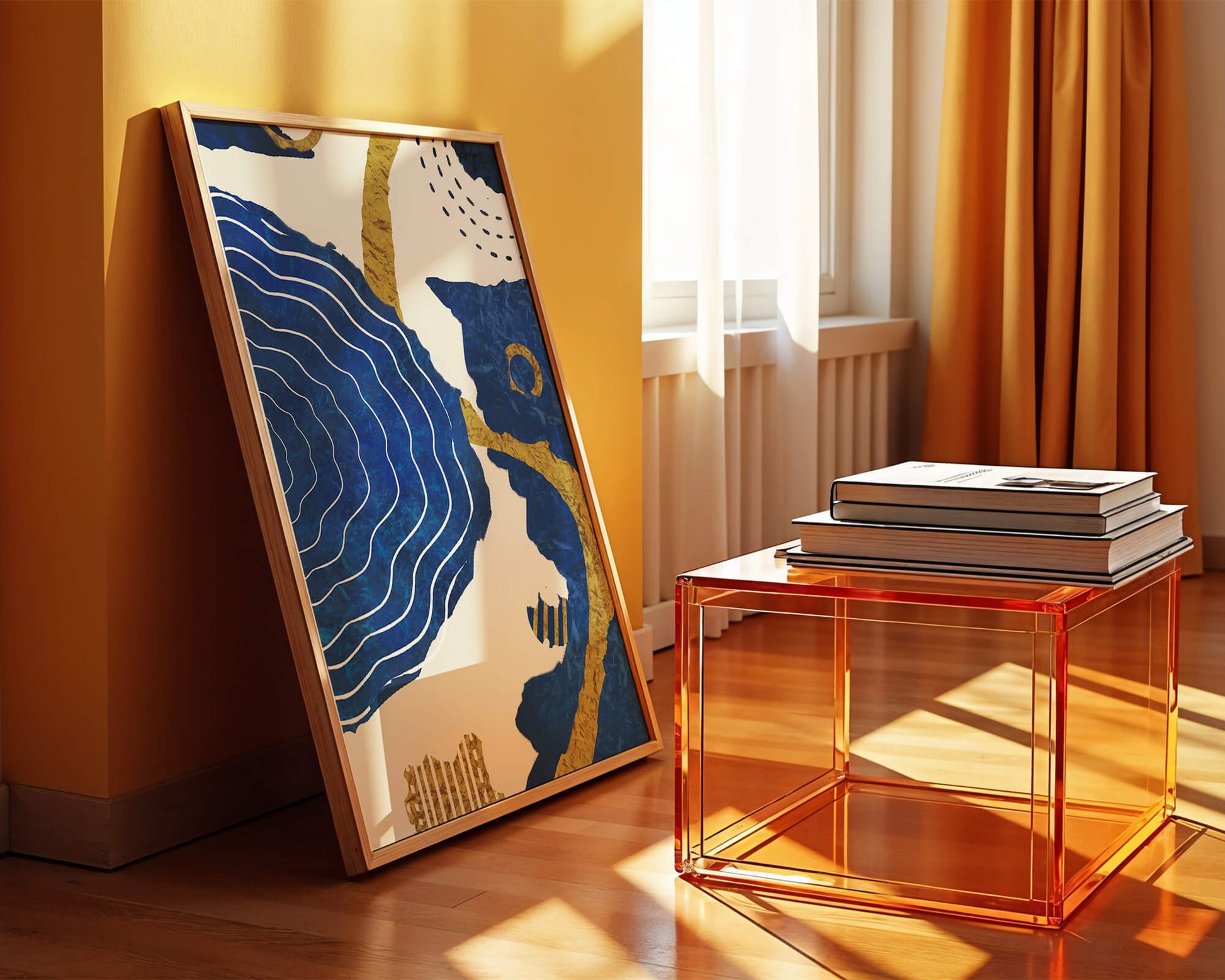 Diseño abstracto ondulado azul y dorado con patrones geométricos