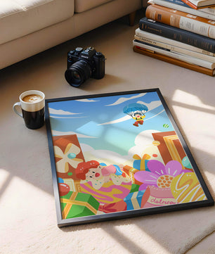 Colorful illustration with presents and children playing under a blue sky