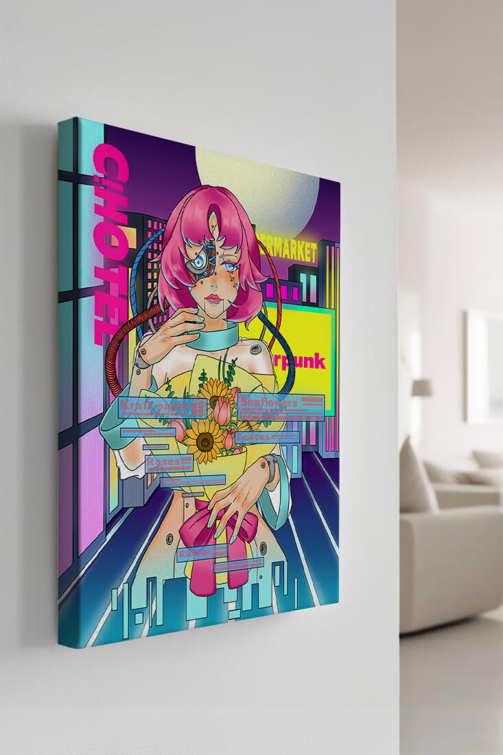 Futuristic cyberpunk woman with a bouquet of flowers in a neon cityscape