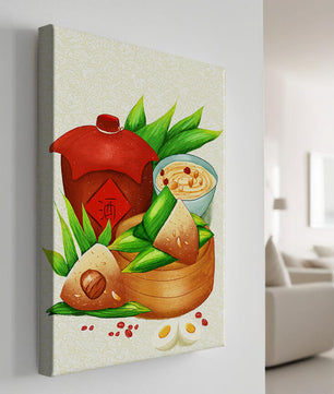 Illustrated traditional Chinese food with zongzi and rice wine