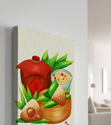 Illustrated traditional Chinese food with zongzi and rice wine
