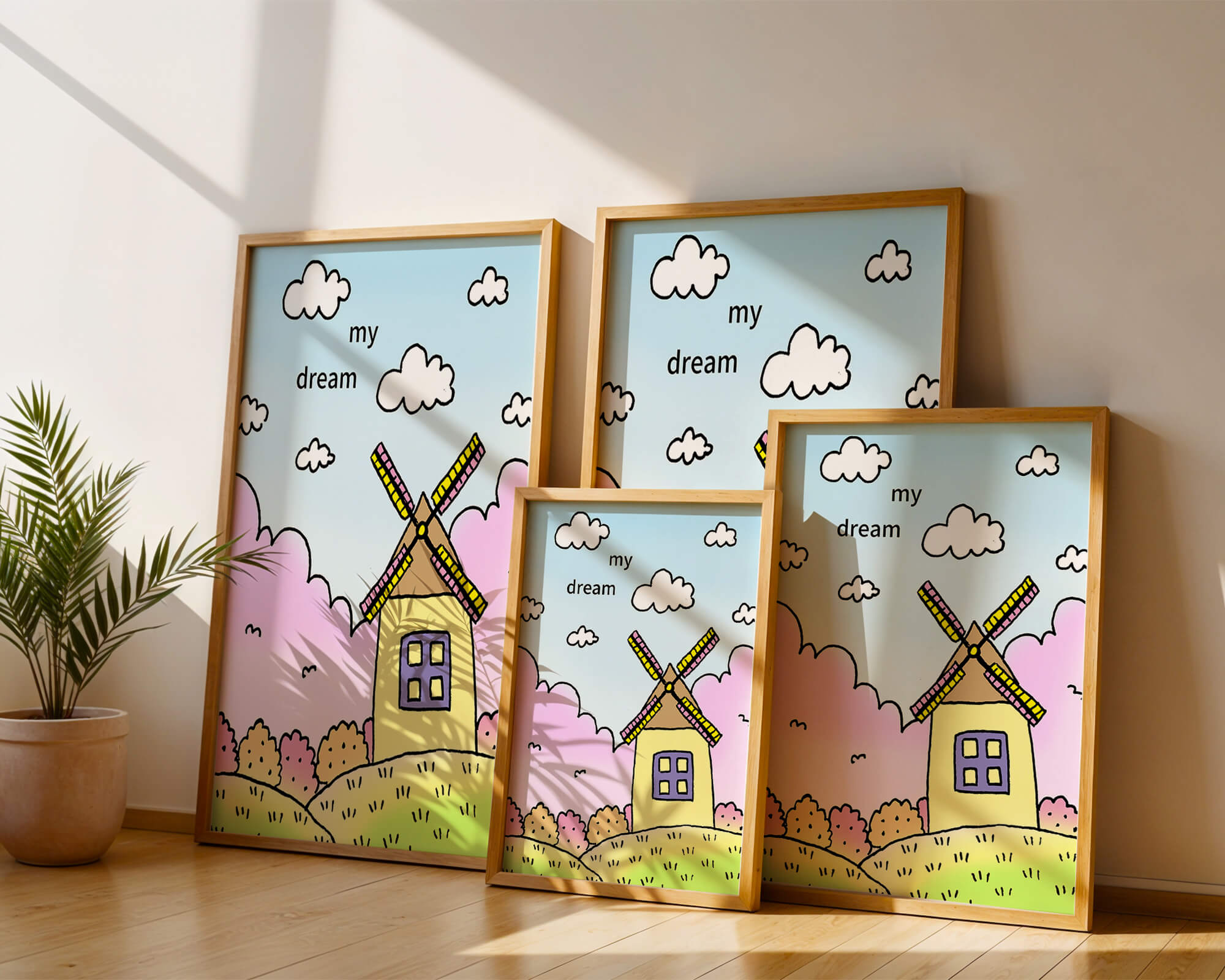 Windmill in a pastel landscape with fluffy clouds and bushes