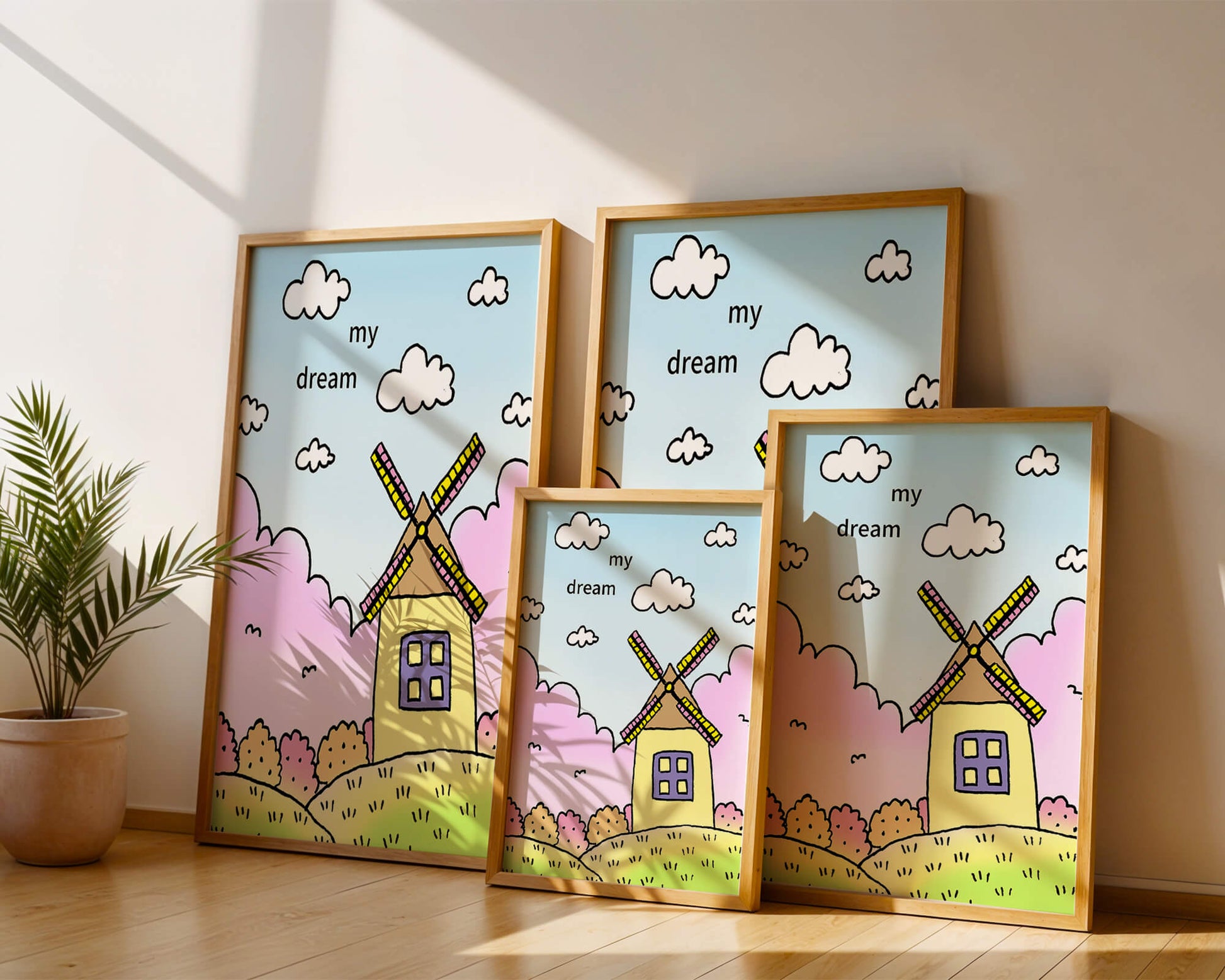 Windmill in a pastel landscape with fluffy clouds and bushes