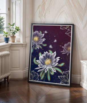 Lotus Flowers and Butterflies in a Starry Night Sky with Gold Accents - Mi tienda