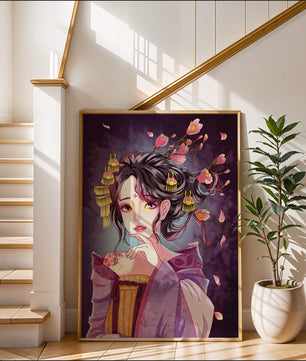 Retrato de anime elegante con acentos florales y dorados