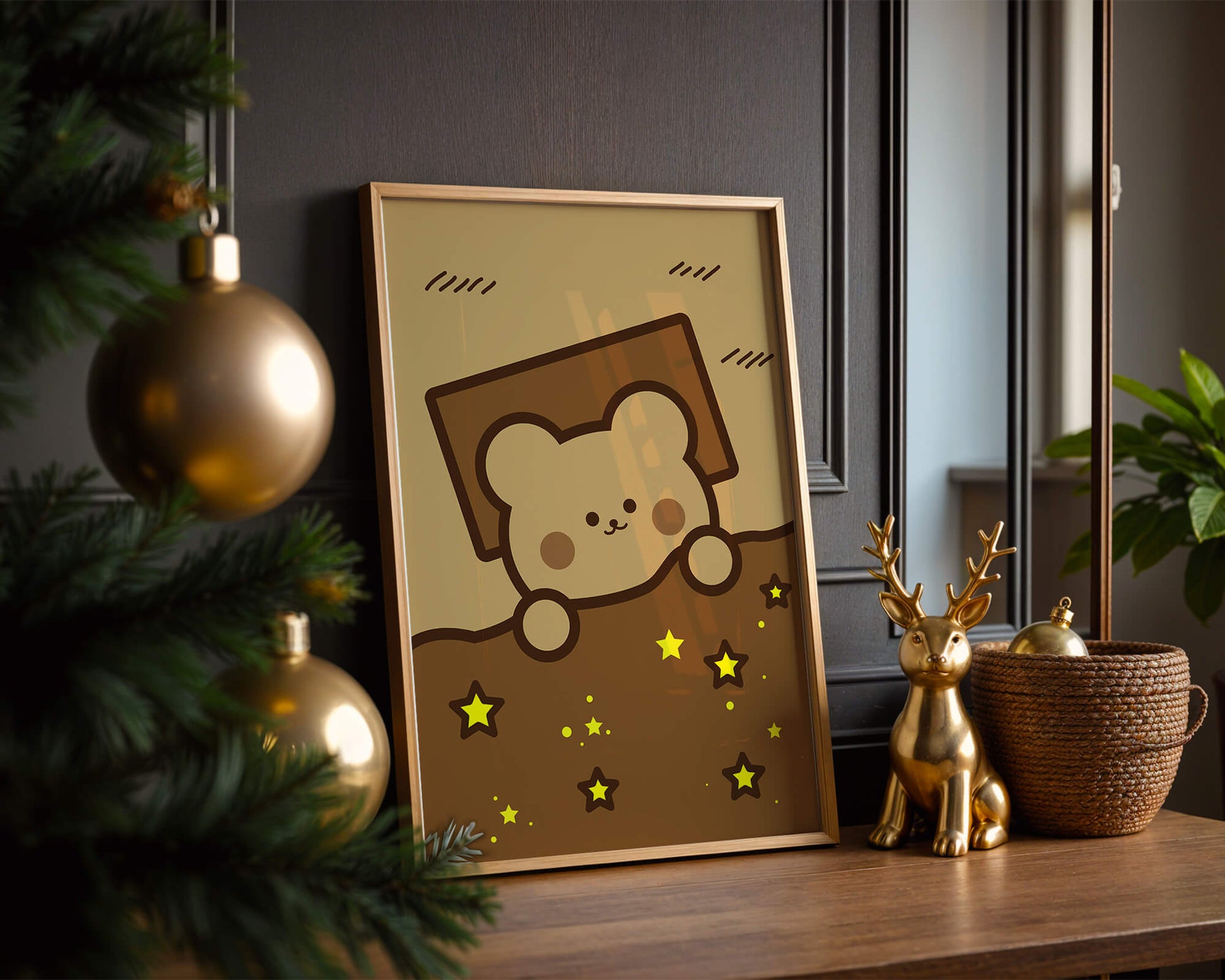 Adorable bear peeking out from a blanket with stars illustration