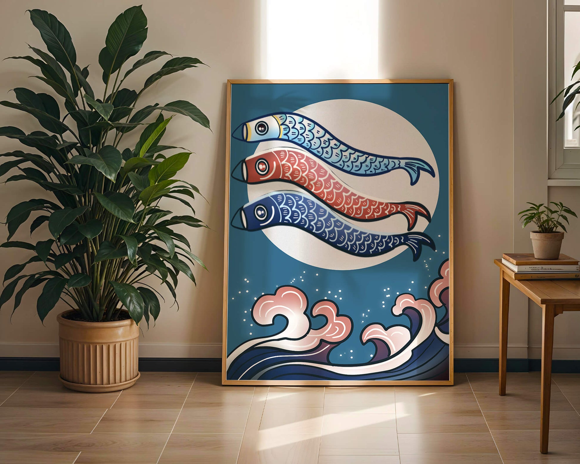 Colorful koi fish kites against a full moon with ocean waves