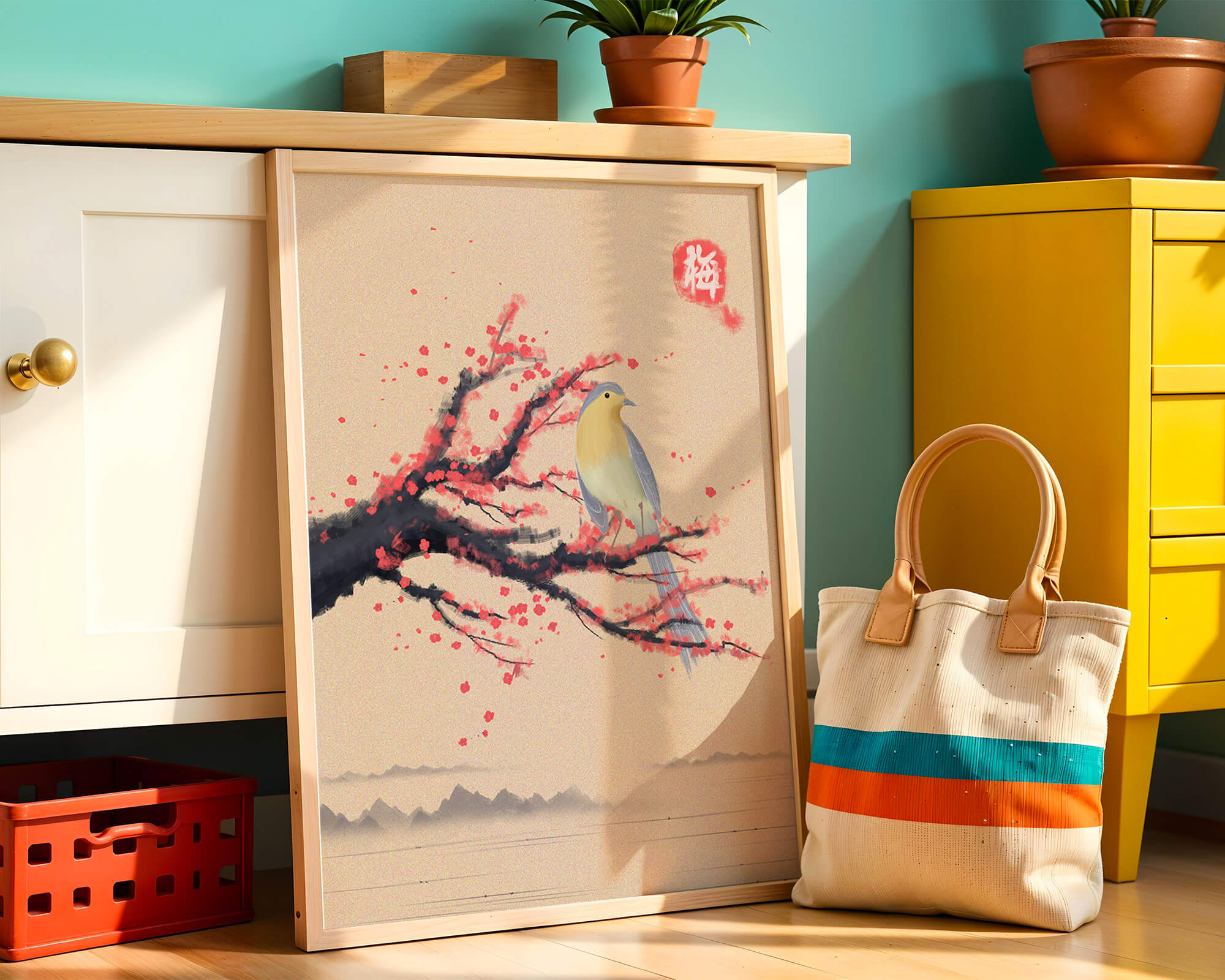 Serene bird on cherry blossom branch in traditional Asian art style