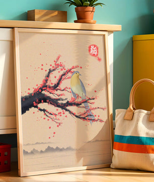 Oiseau serein sur une branche de cerisier dans le style artistique asiatique traditionnel