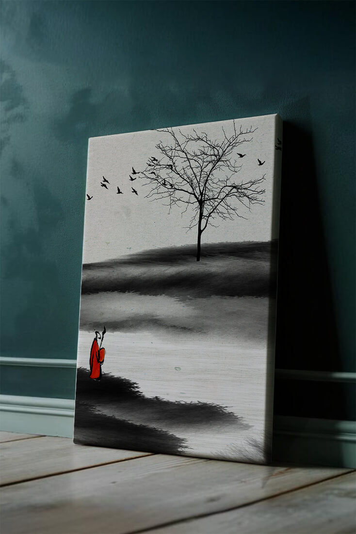 Contemplative Monk with Birds and Bare Tree in Serene Landscape