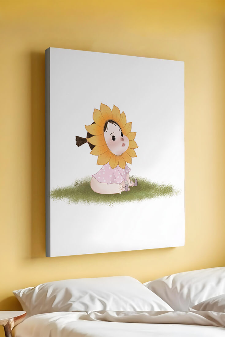 Adorable child with sunflower costume sitting on a grassy patch