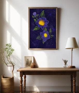 Floral Art with Blue and Yellow Lotus Design on Starry Background