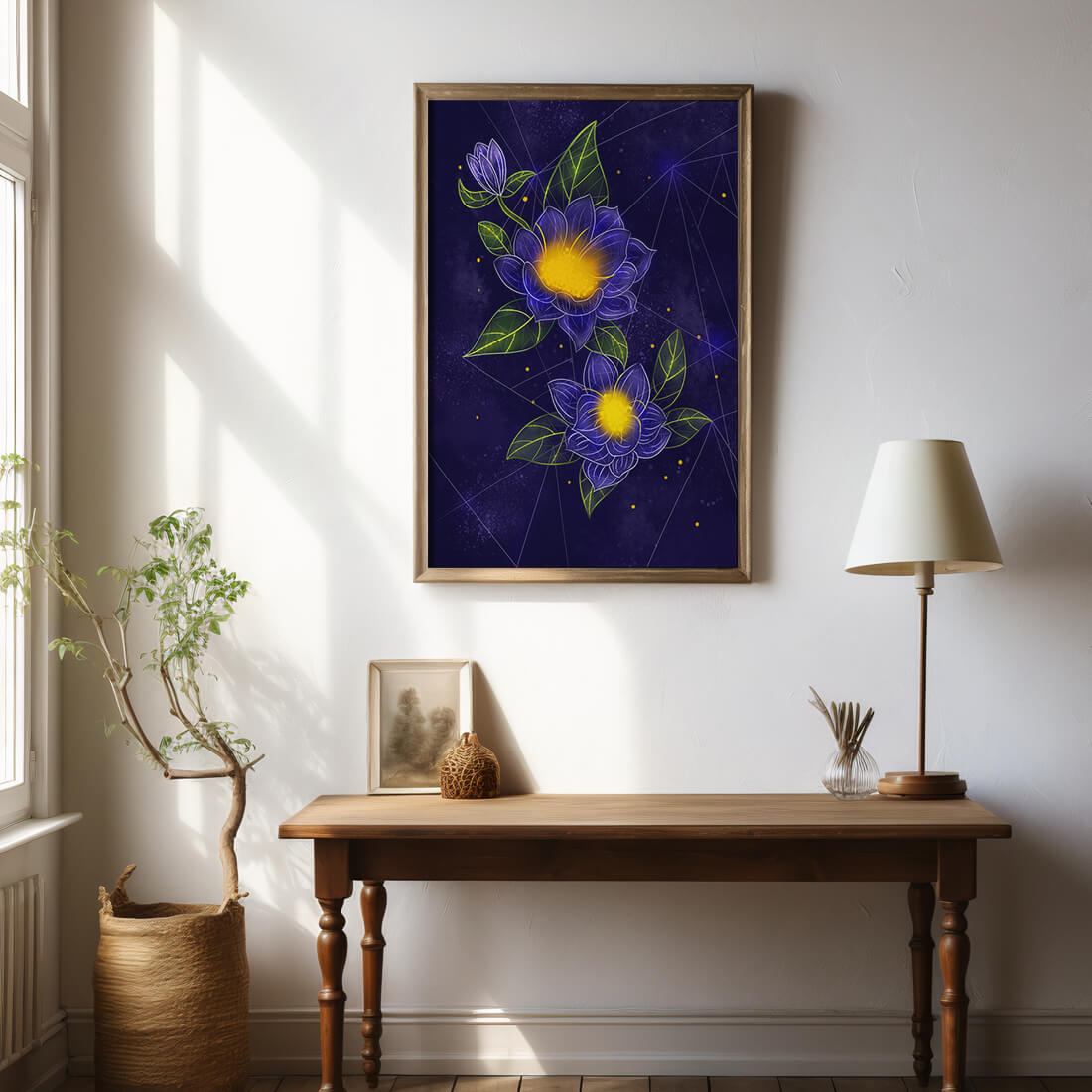 Floral Art with Blue and Yellow Lotus Design on Starry Background