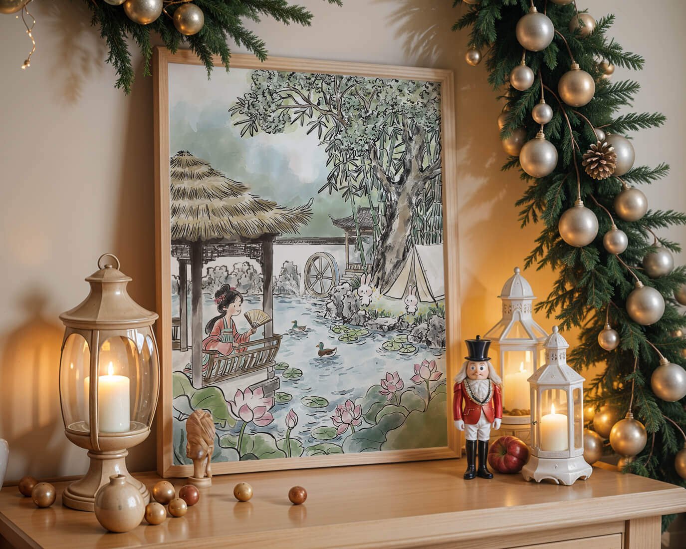 Escena tranquila de jardín con mujer, patos y conejos en un entorno tradicional