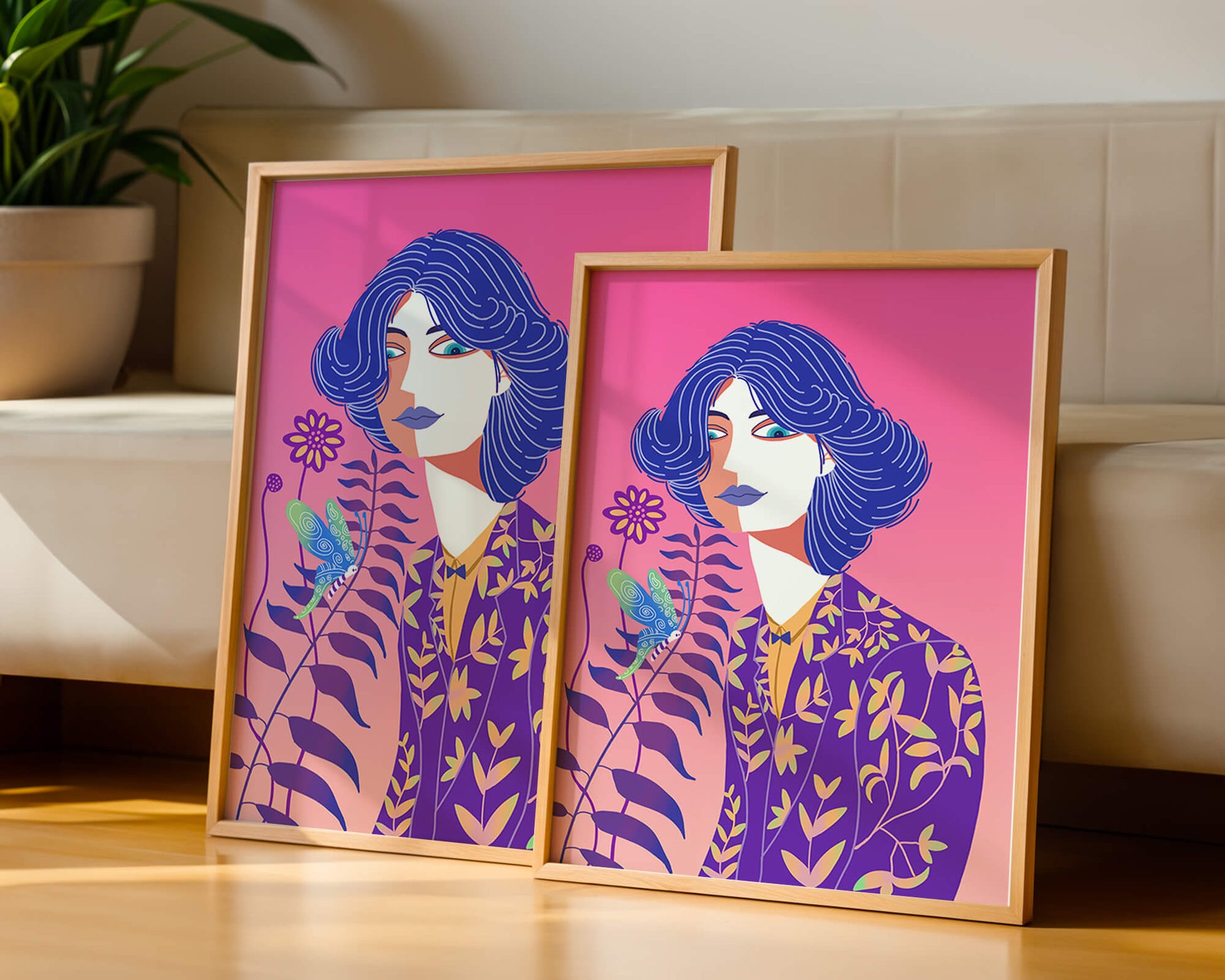 Stylized Portrait of a Woman with Blue Hair and Botanical Pattern