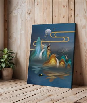 Paisaje abstracto con ciervo dorado y montañas en capas en una serena escena nocturna