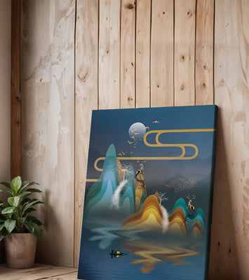 Abstract landscape with golden deer and layered mountains in serene night scene