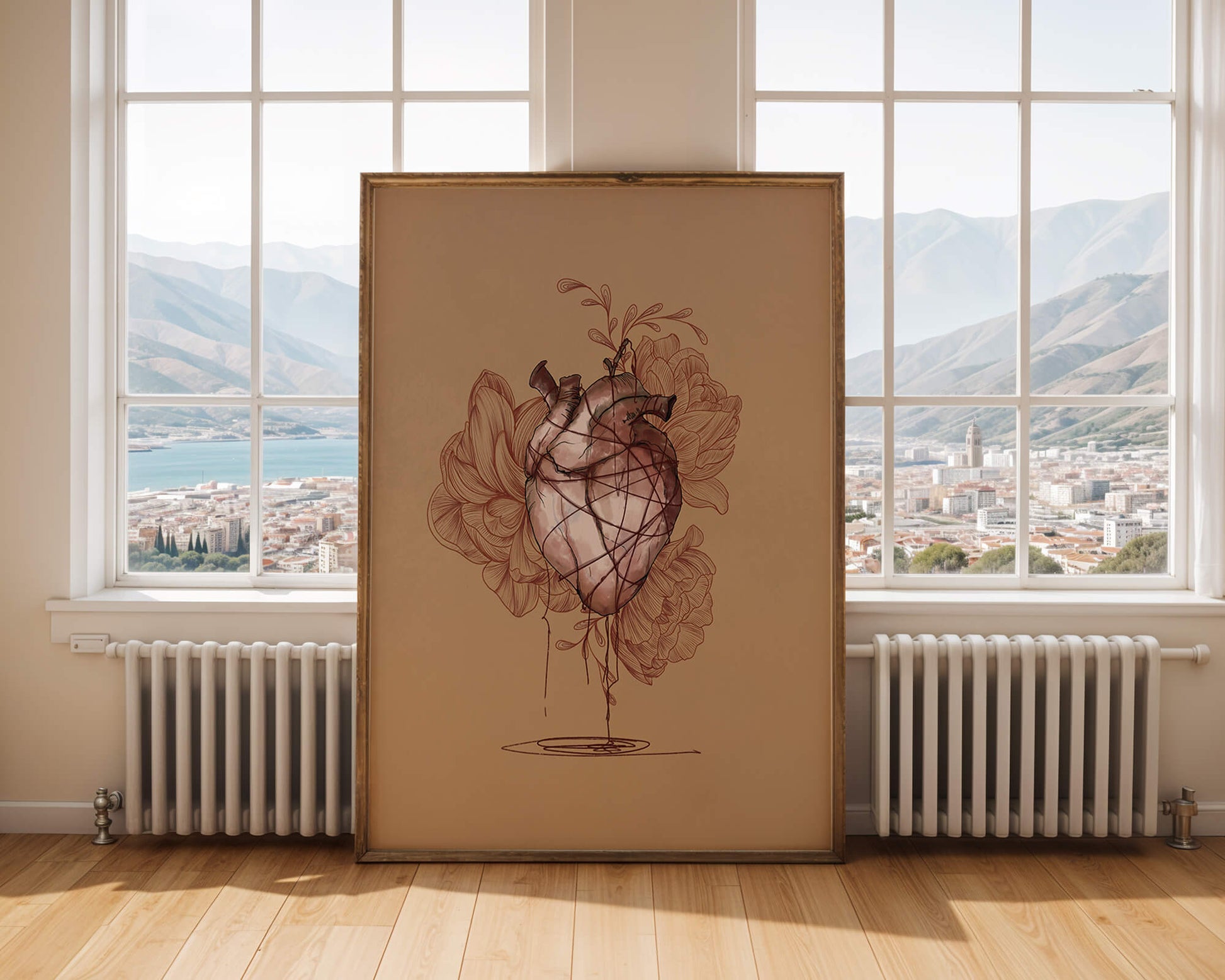Ilustración detallada de un corazón anatómico con elementos florales sobre un fondo beige.