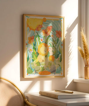 Charming watercolor illustration of lion and rabbit in a vibrant floral landscape
