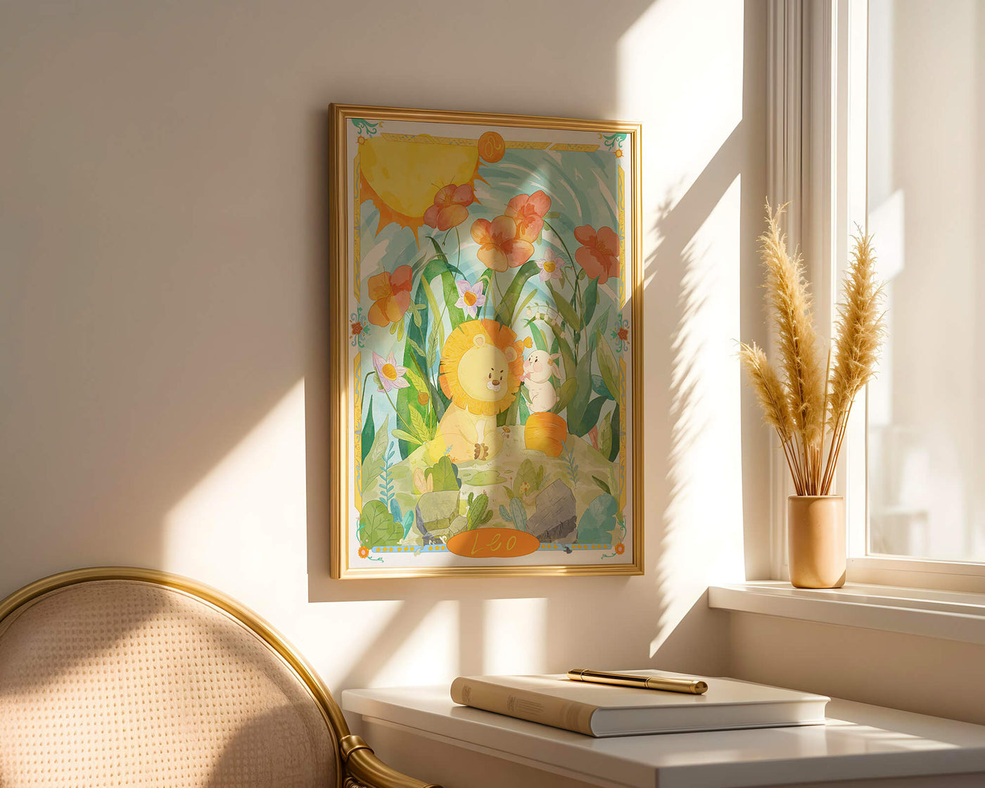 Charming watercolor illustration of lion and rabbit in a vibrant floral landscape