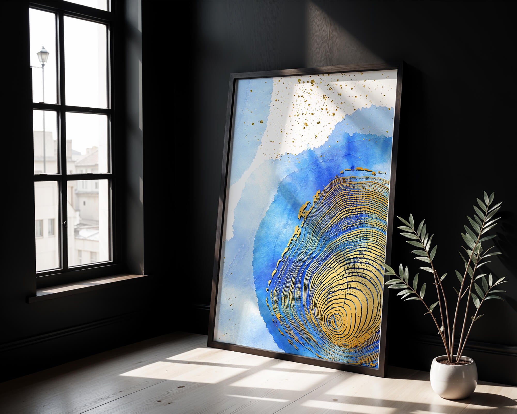 Abstract Watercolor Art with Gold Accents and Circular Pattern Design - Mi tienda