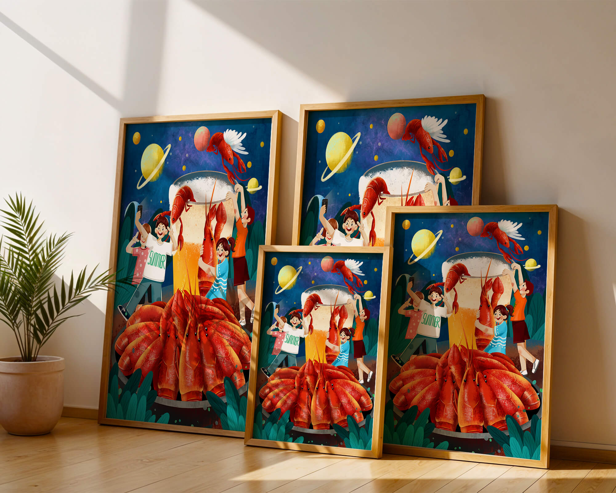 Fantasy illustration with cosmic lobsters and friends enjoying a summer feast
