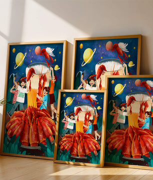 Ilustración de fantasía con langostas cósmicas y amigos disfrutando de un banquete de verano