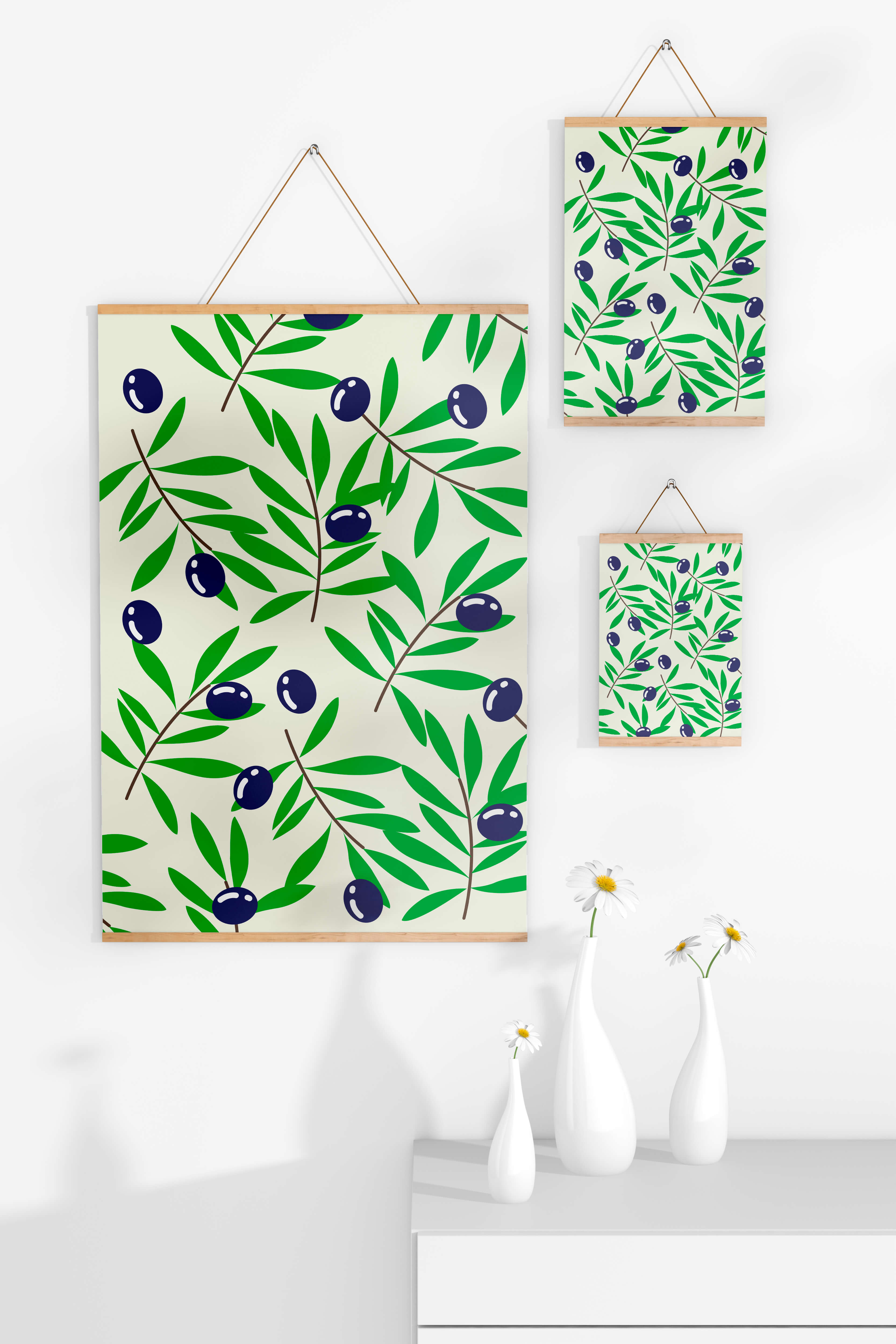 Olive branch pattern with green leaves and blue olives