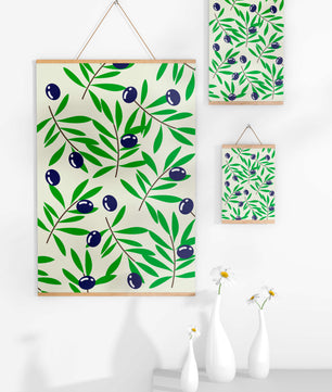 Olive branch pattern with green leaves and blue olives
