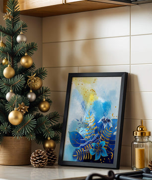 Floral illustration with blue leaves and golden accents on abstract background